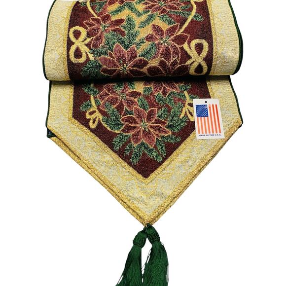 Christmas Tapestry Table Runner Maroon Green Metallic 72" NEW - Picture 5 of 9